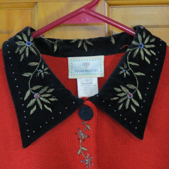 Vtg Susan Bristol Red Cardigan Sweater Embroidered Black Collar Size Large - Picture 2 of 12